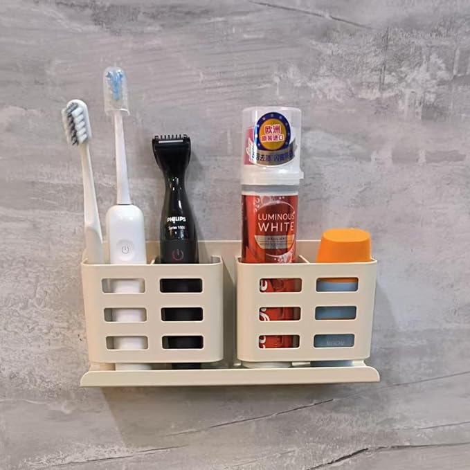 Aluminum Toothbrush Holder Self-Adhesive Wall Mount Bathroom Organizer for Toothbrush, Razor, Comb & Toothpaste. (Cream White