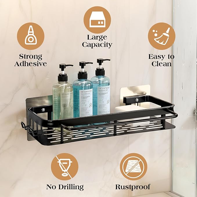 Adhesive Shower Caddy 2 Pack, No Drill Rustproof Space Aluminum Shower Organizer for Bathroom, College Dorm & Apartment, Wall Mounted Shelf with Towel Bar & Hooks for Large Bottles, Black