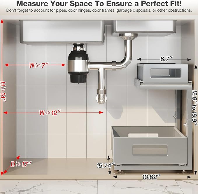 1 Pack 15.74IN-Depth Under Sink Organizer With Next-Gen Ball-Bearing Slides,2-Tier Pull Out Cabinet Storage,Height Adjustable Drawer Shelf for Bathroom,Kitchen,Laundry,Cabinet,Pantry-Gun Gray