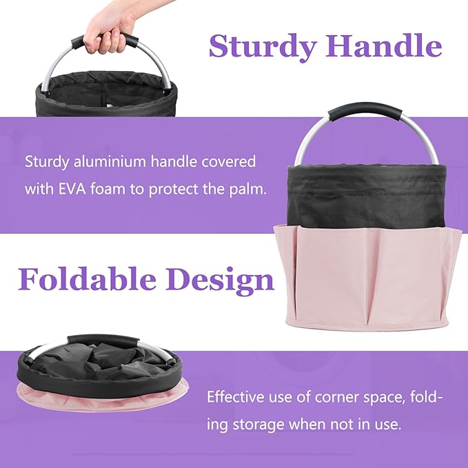 2Pcs 17L Shower Caddy with 6 Pockets, Portable Cleaning Caddy in 600D Oxford Fabric, Cleaning Supplies Bucket with Handle, Multifunctional Storage Basket for Dorm, Family, Black with Pink