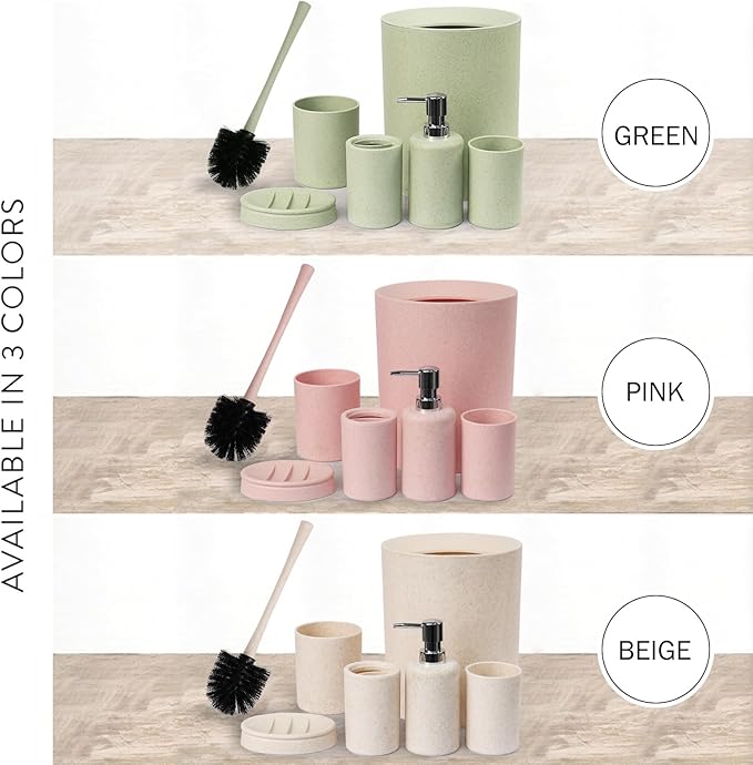 CERBIOR Bathroom Accessories Set 6 Piece Wheat Straw Bath Ensemble Includes Soap Dispenser, Toothbrush Holder, Toothbrush Cup, Soap Dish for Decorative Countertop and Housewarming Gift (Green)