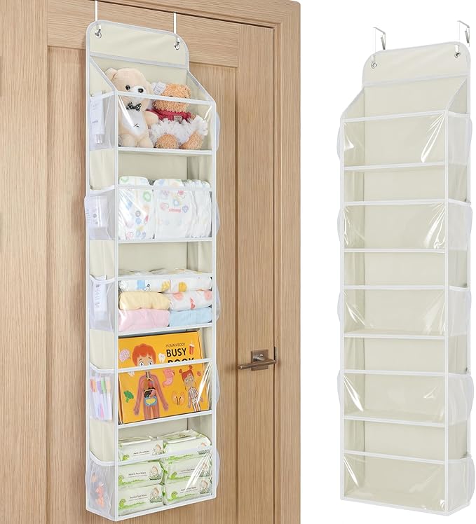 Yecaye 5-Tier Over the Door Organizer Hanging, Toy Stuffed Animal Storage, Behind the Door Storage with 5 Clear View Windows & 10 Side Pockets, Over the Door Storage for Bathroom Closet Nursery, Beige