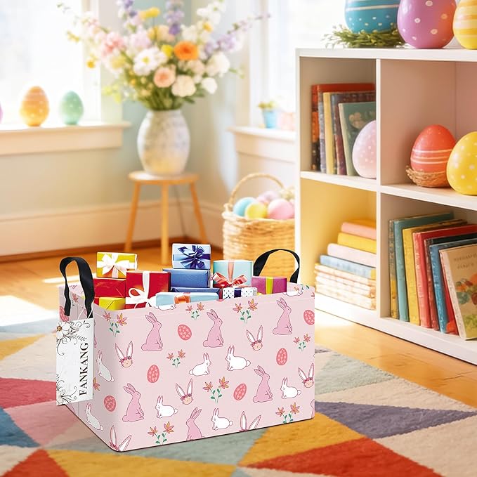 Storage Bins,Nursery Hamper Canvas Laundry Basket Foldable with Waterproof PE Coating Storage Baskets for Boys and Girls, Office, Bedroom, Clothes,Toys(Rec-Rabbit ）