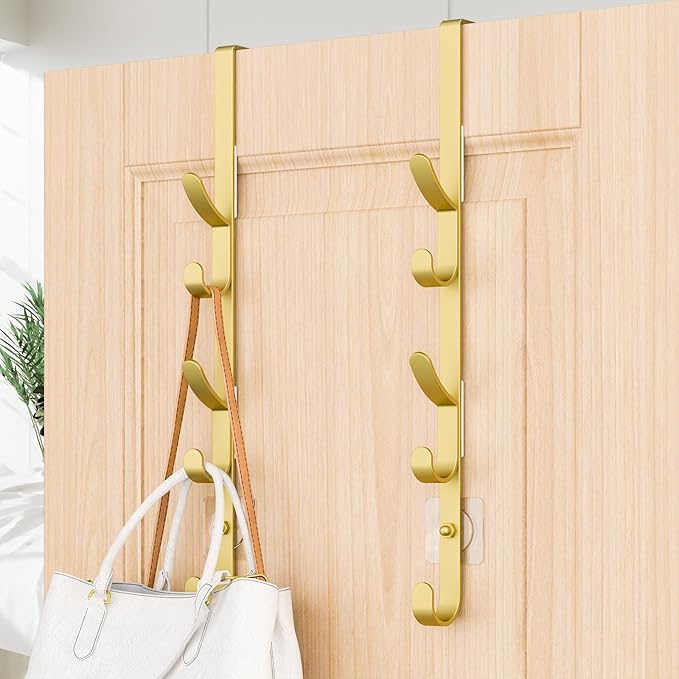Kaiferty Over The Door Hooks, Metal Door Hooks for Hanging, Over The Door Purse Organizer for Door Coat Hanger, Back of Shower for Hanging Towel Rack Clothes, Hat, Bathroom, Closet (Gold-2Packs)