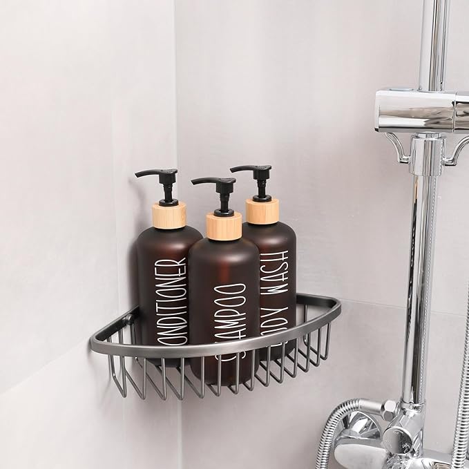 MOMEEMO Amber Shower Dispenser Set, Contains 3 Extra-Thick PET Plastic Bottles with Bamboo Pumps, Shampoo and Conditioner Dispenser for Shower Perfect for Modern Bathroom Decor. (Amber)
