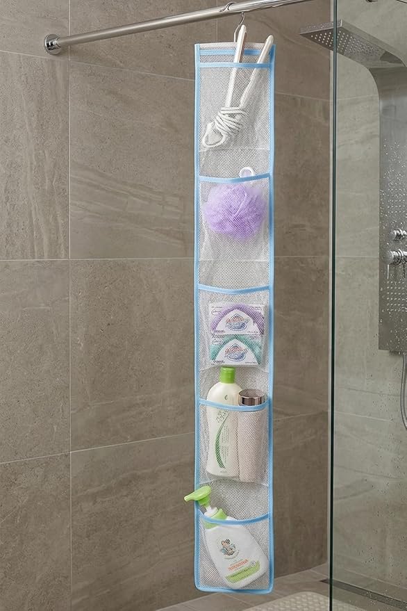 ALYER Narrow Mesh Fabric Shower Caddy Organizer with Hanger,Hanging Mesh Pockets for Shampoo, Conditioner, Soap and Body Wash (Blue)