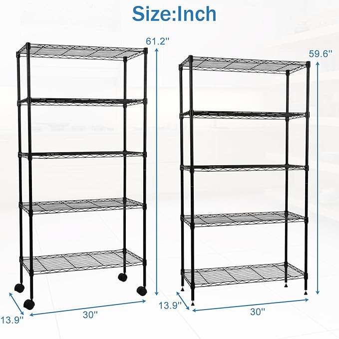 5-Tier Heavy Duty Storage Shelving Unit, Metal Shelves for Garage, Pantry, Kitchen Organization – Adjustable Wire Rack Shelf Organizer, 60"x30"x14", 1250lbs, Black