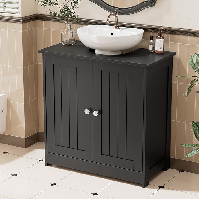Bonnlo Pedestal Sink Storage Cabinet, 24" Black Under Sink Bathroom Storage Cabinet with 2 Doors and Adjustable Shelf, Traditional Bathroom Space Saver Organizer for Small Spaces, Water-Resistant