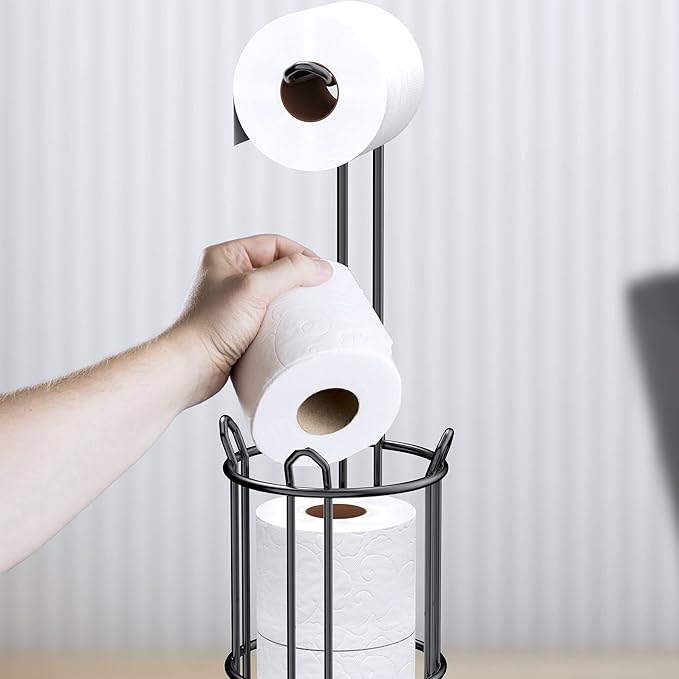 Meangood Toilet Paper Holder Stand and Tissue Paper Roll Dispenser for 4 Mega Rolls, Bathroom Free Standing Tissue Roll Storage Holder Rack, Metal Wire (Black)