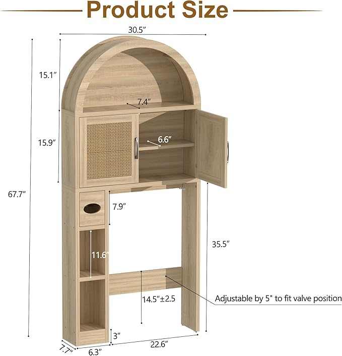 AHB Over The Toilet Storage Cabinet, Freestanding Bathroom Organizer with Adjustable Shelf and Anti-Tip Device, Arched Cabinet with Doors, Space-Saving Toilet Storage for Bathroom, Laundry, Mini Bar