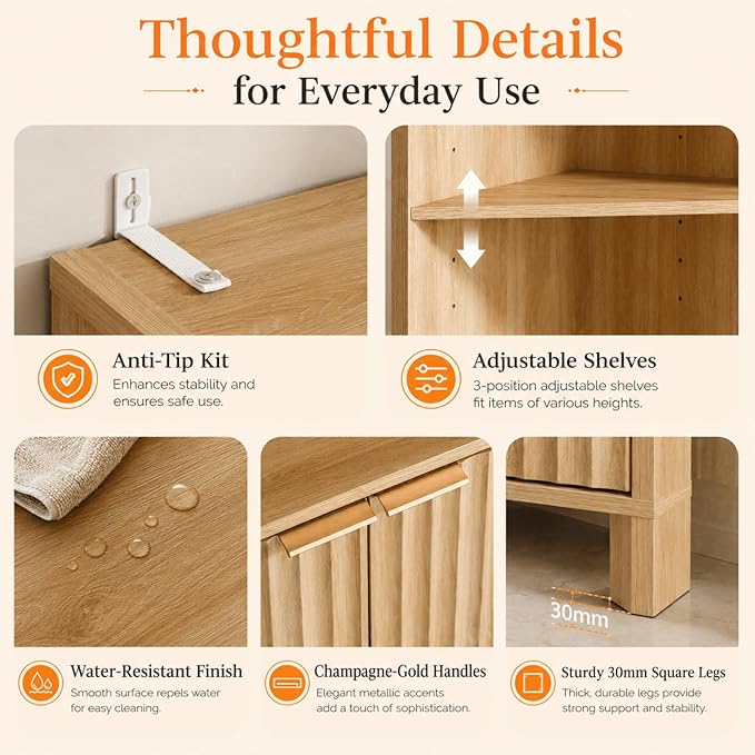 VINGLI 68" Tall Corner Cabinet with Fluted Door, Natural Oak Corner Storage Cabinet with Adjustable Shelves, Freestanding Bathroom Corner Cabinet with 30mm Thick-Look Top & Square Legs