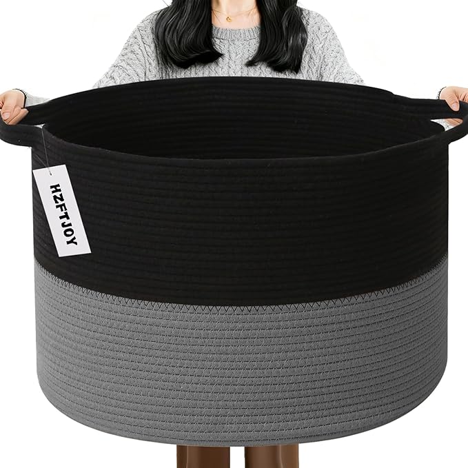 65L Large Blanket Basket,Woven Rope Laundry Basket Hamper with Handles,Decorative Nursery Basket Storage Bin for Toys, Pillows,Clothes Organizer, Living Room,Bedroom,Bathroom,Black&Dark Grey