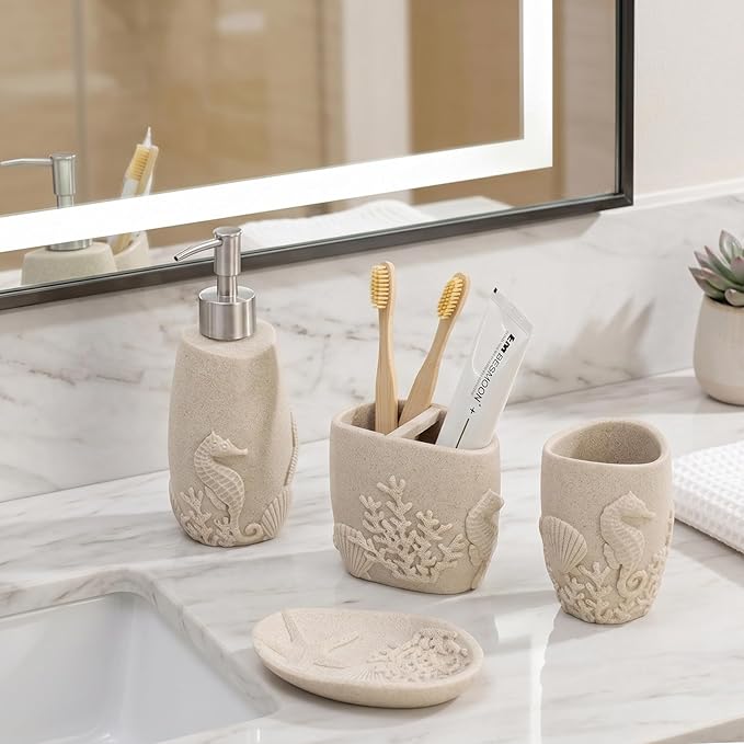 Bathroom Accessories Set, 4 PCS Bathroom Accessory Sets with Soap Dispenser, Toothbrush Holder, Tumbler, Soap Dish, Bathroom Countertop Organizer, Sea Bathroom Decor (Beige)