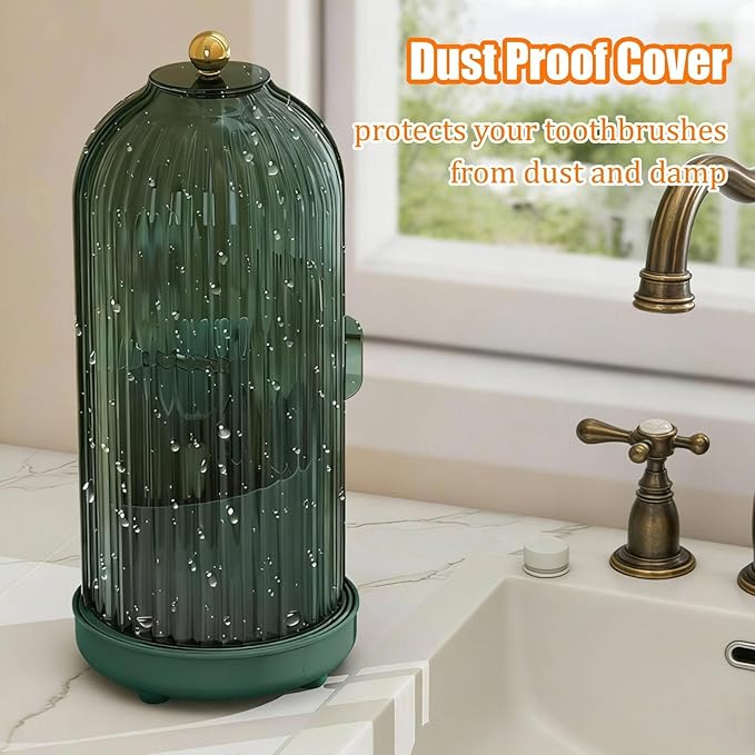 JEESA Toothbrush Holder Organizer, with Drainage Holes, with Dustproof Cover, 360 Rotating, 3 Slots, for Bathroom Countertop, Green