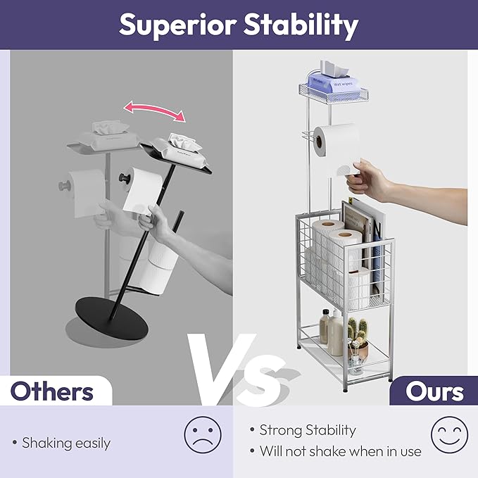 SWTYMIKI Freestanding Toilet Paper Holder - 4-Tier Free Standing Toilet Paper Holder Stand with Large Basket, Stand Mega Roll Storage Rack for Extra Rolls, Magazines, Wet Wipes, Silver