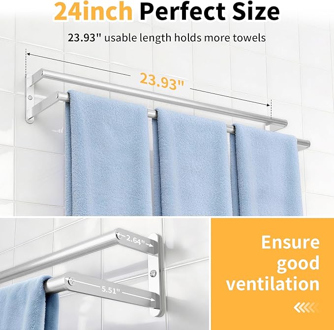 Double Towel Bar 24 Inch, Towel Rack for Bathroom, Stainless Steel Double Bath Towel Rack Wall Mounted, Bathroom Towel Holder Towel Rod for Wall, Brushed Nickel