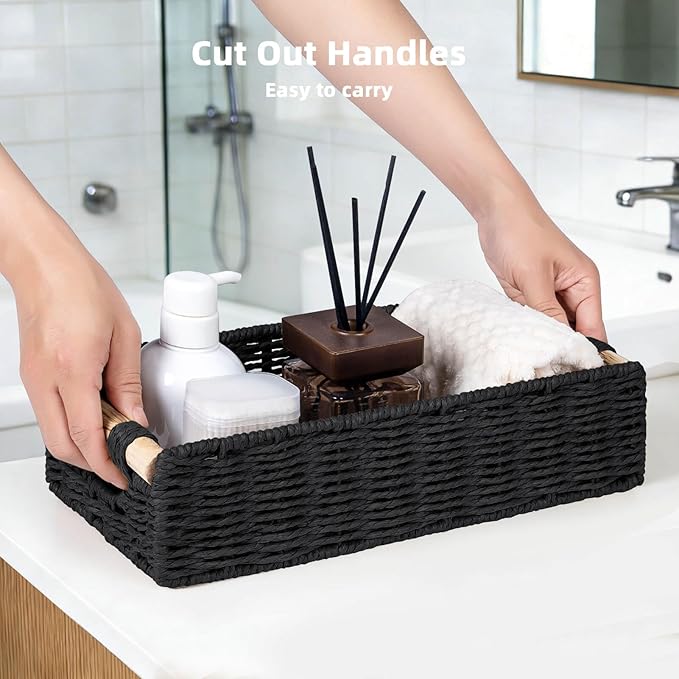 CubesLand Back of Toilet Storage Basket for Organizing w/Cut Out Handle, Handwoven Toilet Tank Top Paper Baskets, Small Wicker Decorative Basket for Countertop, Home, Living Room, Nursery, Black
