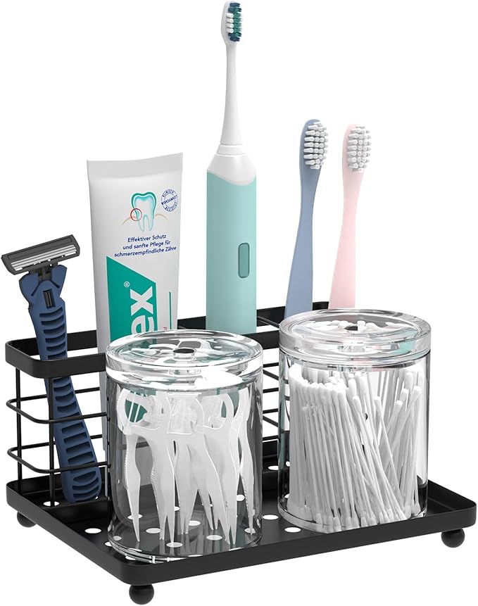 Luxspire Toothbrush Holders for Bathroom, Toothbrush Holder with Tray, Stainless Steel Holder for Toothbrush Toothpaste, Tooth Brushing Holder for Bathroom Countertop, 3-Slot, Black