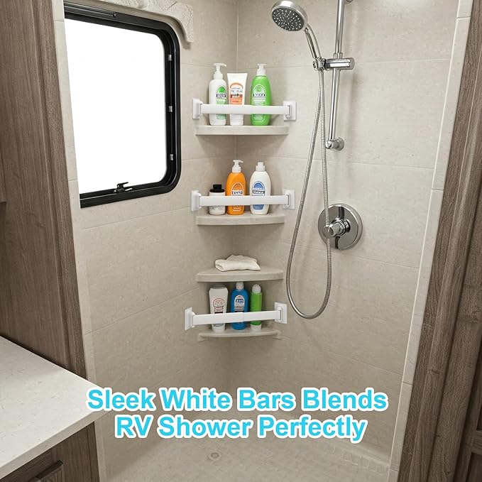 RV Shower Corner Storage Bars 3 Pack, Aluminum Adjustable Camper Shower Shelf Retainer Bars for Bathroom Storage and Organization, RV Essential Accessories for Travel Trailer Inside, 10-15 Inches