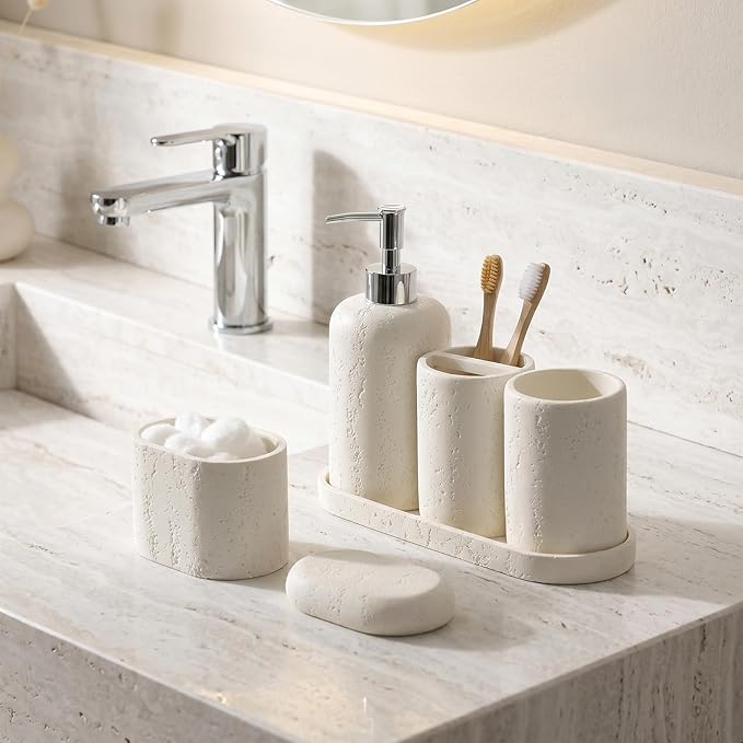 Bathroom Accessories Set, 5PCS Modern Bathroom Accessory Set with Soap Dispenser, Mouthwash Cup & Toothbrush Holder, Qtip Holder, Tray