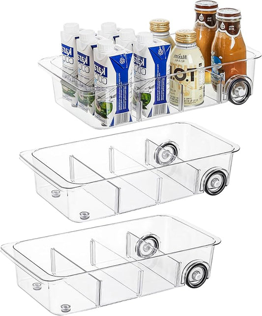 Attelite 3 Pack Fridge Organizer on Wheels,Roll Out Refrigerator Organizers and Storage Clear Design with Dividers,Upgrade Thick Plastic Storage Bins with Wheels, Kitchen Organization