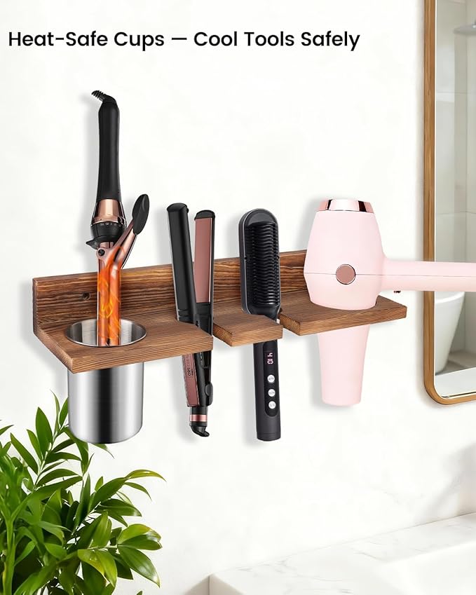 Hair Tool Organizer for Bathroom – Wall Mounted Hair Dryer Holder with Heat-Resistant Cups, Curling Iron & Straightener Rack, Blow Dryer Organizer for Vanity or Wall (Brown)