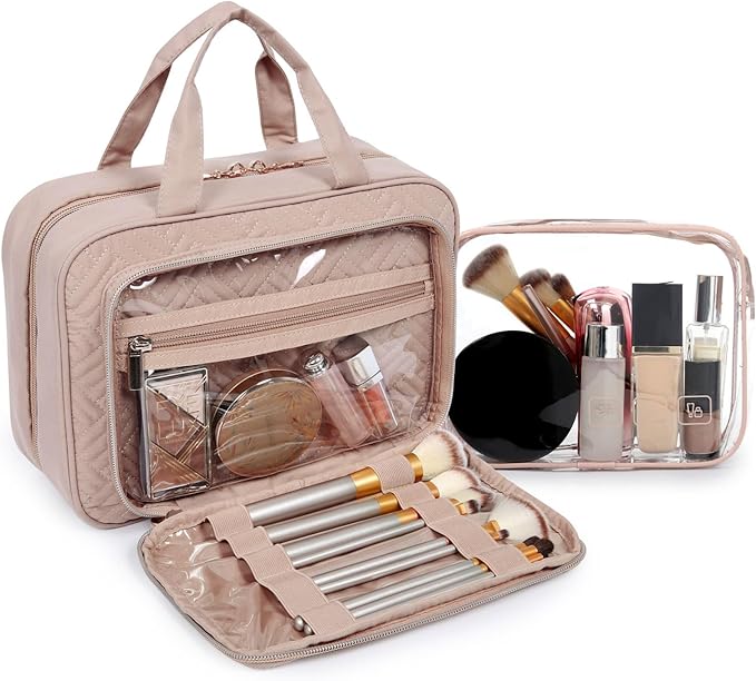BAGSMART Toiletry Bag Hanging Travel Makeup Organizer with TSA Approved Transparent Cosmetic Bag Makeup Bag for Full Sized Toiletries, Medium-Pink