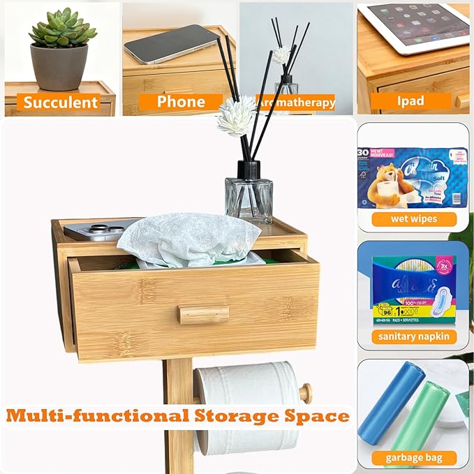 Freestanding Bathroom Toilet Paper Holder Stand with Shelf, Bamboo Toilet Paper Roll Holder with Wet Wipes Storage Drawer(Natural)