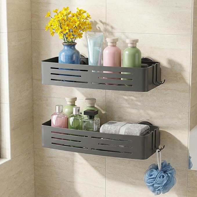 2 Pack Shower Caddy Suction Cup, Shower Shelves with 4 Hooks Rust-Proof Aluminum Alloy,Large Capacity No drilling required Removable Bathroom Storage Rack for Shampoo, Shower Gel, Razors
