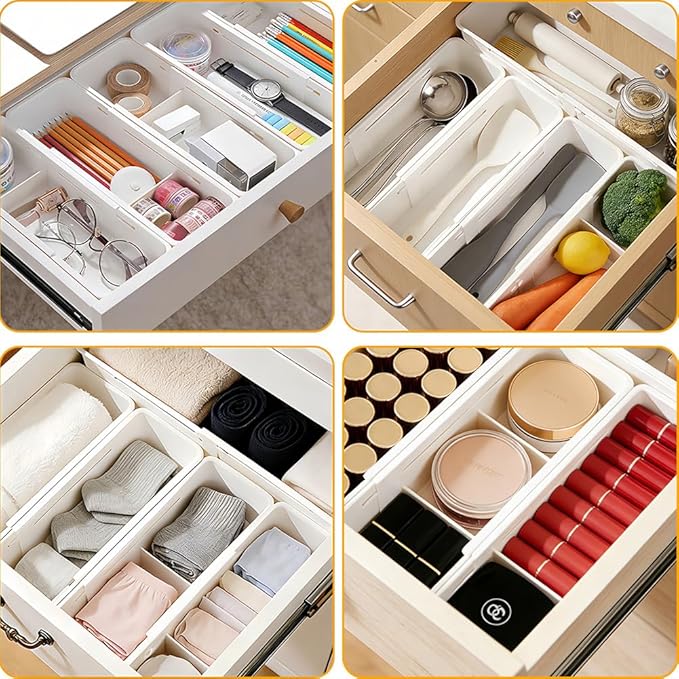 Adjustable Sliding Drawer Organizer Bin - 2 PCS Deep Drawer Organizer Bin Expandable Kitchen Organizer Trays for Kitchen Utensils, BBQ Tools, Home, Office, Makeup Storage Tools, 2PCS