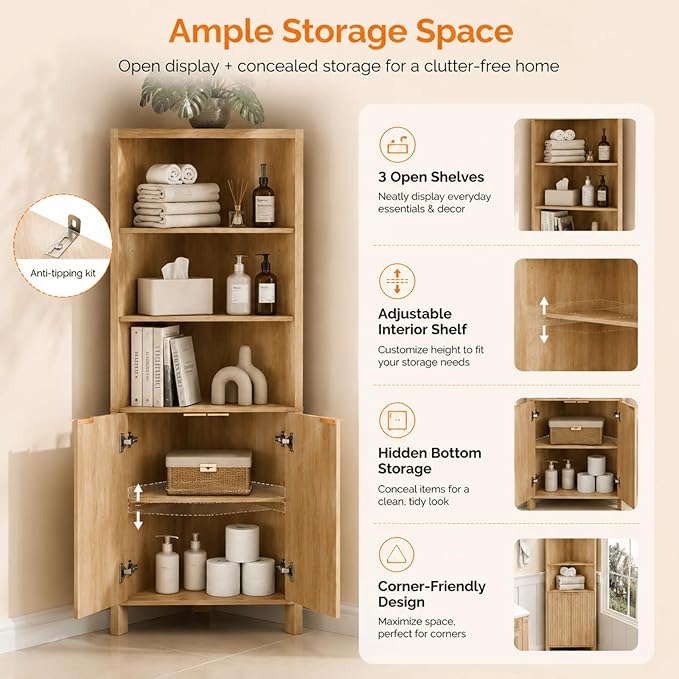 VINGLI 68" Tall Corner Cabinet with Fluted Door, Natural Oak Corner Storage Cabinet with Adjustable Shelves, Freestanding Bathroom Corner Cabinet with 30mm Thick-Look Top & Square Legs