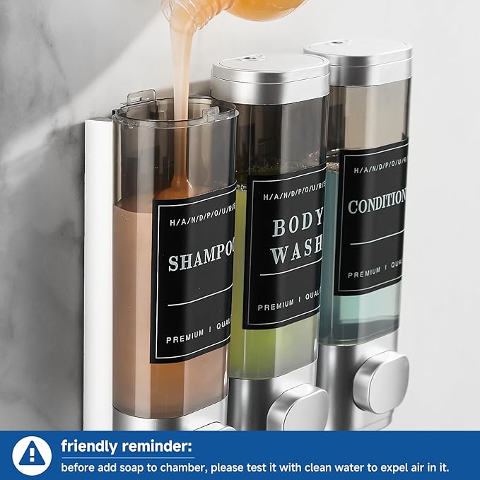Shower Soap Dispenser Wall Mounted No Drill Shampoo Dispenser for Shower Wall Shampoo and Conditioner Dispenser Bathroom Hotel 3 * 300ml Sliver with Labels