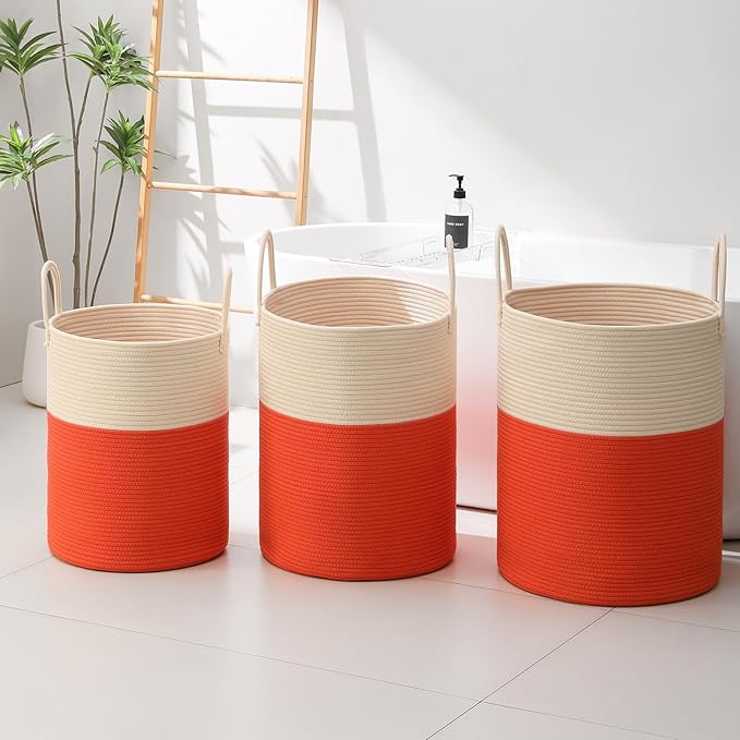 Woven Laundry Hamper Tall Rope Storage Basket for Blanket oys Dirty Clothes in Living Room Bathroom Bedroom (White&Orange, 80L/21.3Gal)