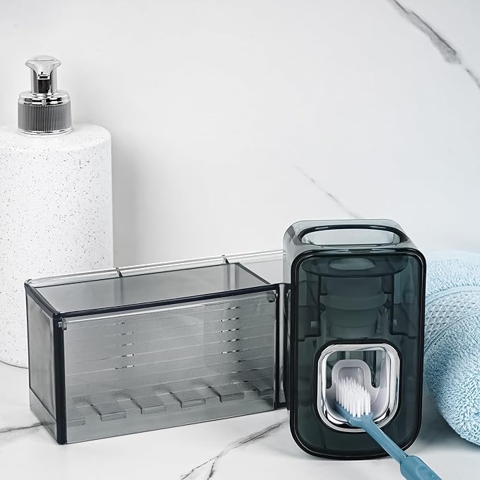 5 Slots Wall Mount Toothbrush Holder with Cover, Self Adhesive Toothbrush Storage Organizer for Shower, Toothbrush Cup Hanger with Automatic Toothpaste Squeezer Dispenser