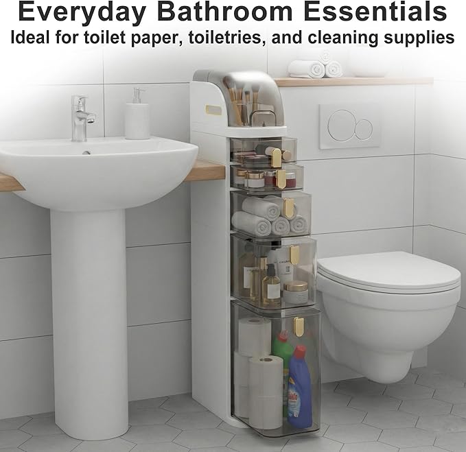 Slim Bathroom Storage Cabinet with Drawers, Narrow Floor Cabinet for Small Spaces, Vertical Bathroom Organizer Next to Toilet, Freestanding Bathroom Storage with Wheels