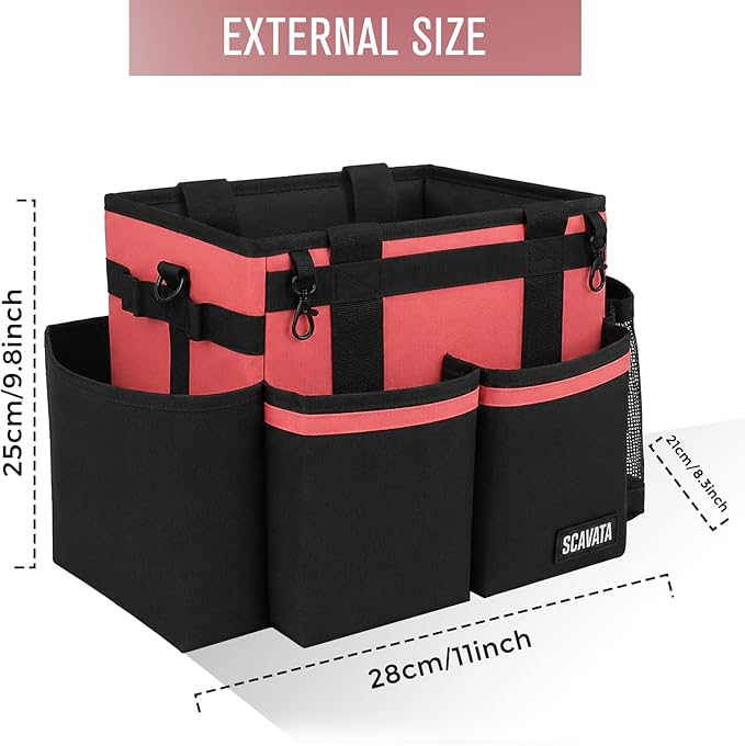 SCAVATA Compact Wearable Cleaning Caddy, Small Cleaning Caddy Supplies Organizer with Handle & Shoulder Straps for Housekeepers, Under Sink & Car Cleaning Tool Organizers Bag (CaralPink)