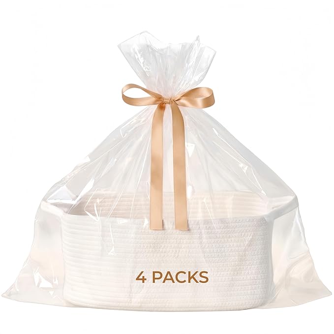Small Woven Gift Basket Empty with Bag & Ribbon - Gifts for Mom, Baby Shower, Birthdays & Raffle - Cotton Rope Storage Basket for Dog Toys or Shelf - 12"x8"x5", White, 4 Packs