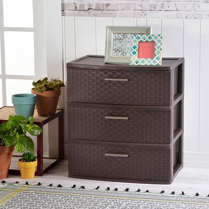 Sterilite Wide 3 Drawer Weave Tower Home Plastic Organizer with Handles, Espresso - Tall Vertical Storage Unit for Bedroom, Closet, Bathroom, Dorm Room, and Office Organization