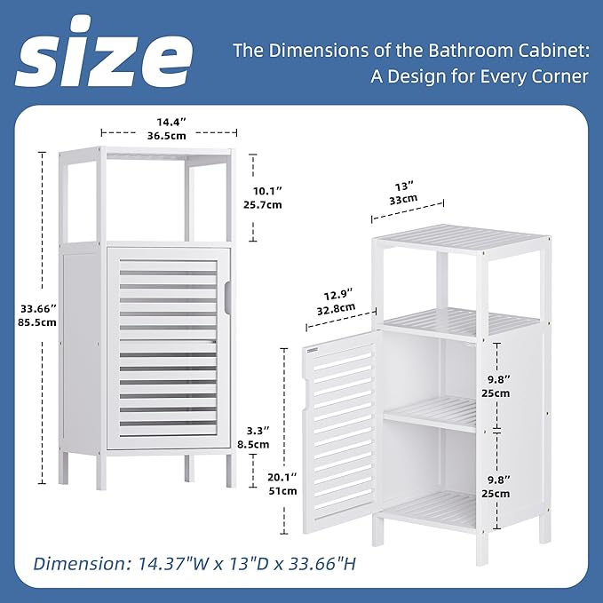 HITNET Bamboo Bathroom Storage Cabinet, 4 Tier Small White Floor Cabinet with Single Door, Free Standing Slim Narrow Storage Organizer for Living Room Entryway