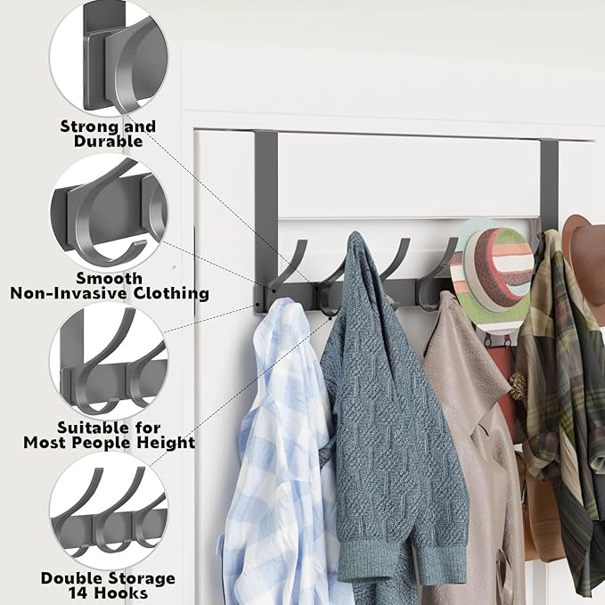 Peasulin 2 Pack Over The Door Hooks, Sturdy Door Hanger, Large Over The Door Towel Rack with 12 Hooks, Heavy Duty Easy to Install, for Bathroom, Bedroom，Kitchen，Hanging Towels, Coats (Grey)