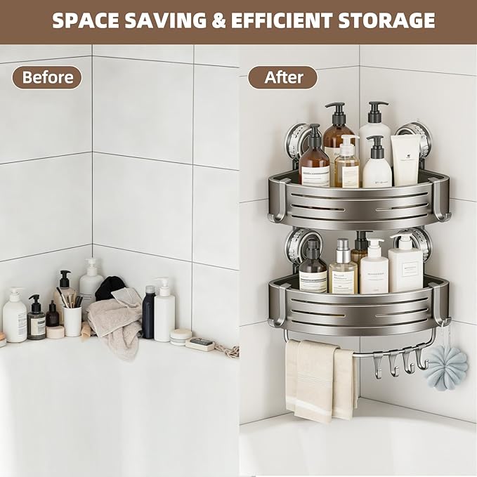 Corner Shower Caddy,Suction Cup Shower Bathroom Wall Shelf,No Drill Rust Proof Aluminum Organizer with Hooks,Floating Rack for Inside (Suction Cup Corner Shower Caddy,2 Tier,Gray)