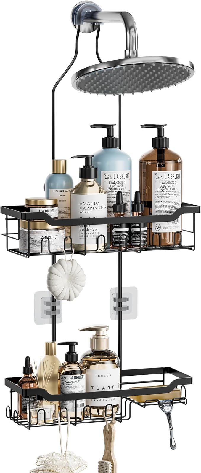 Skyapex Shower Caddy Hanging, Adjustable Height 2-Tier Shower Organizer Over Showerhead, Rust-Resistant Stainless Steel Shower Rack with 15 Hooks, Heavy Duty Anti-Swing Bathroom Storage, Black