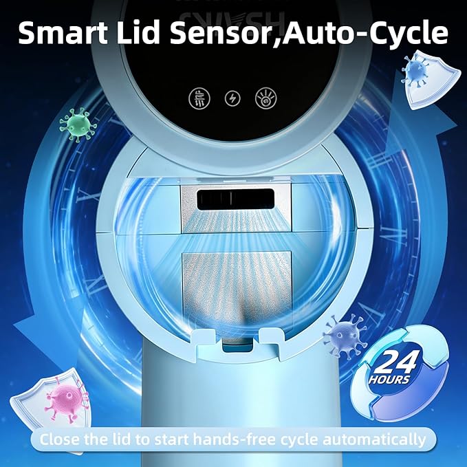 Wall Mounted Toothbrush Holder for Bathroom, Electric Toothbrush Organizer with Smart Lid Sensor, UV Light Care & Heated Air Drying, Magnetic Cup & Toothpaste Storage (Blue)