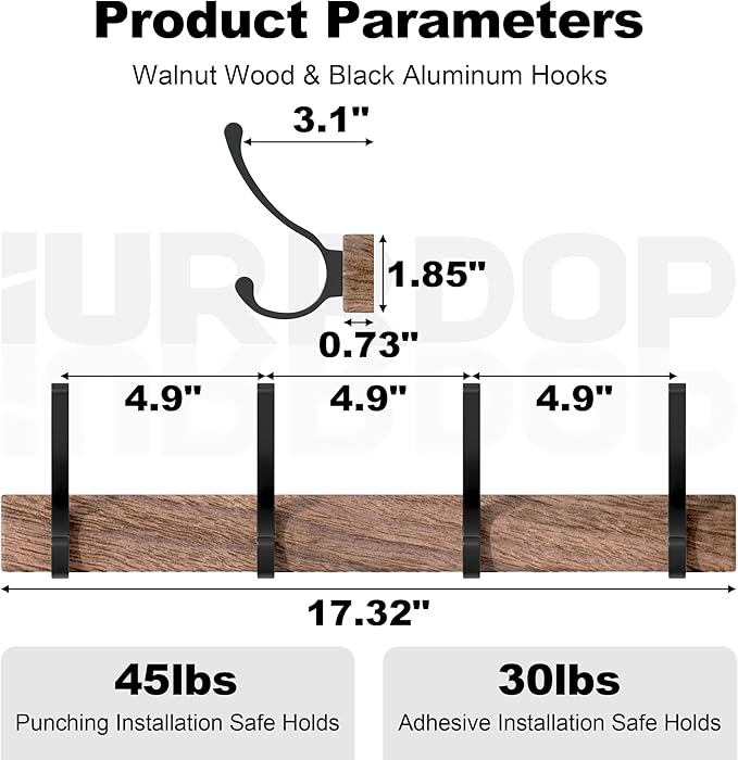 17 Inch Black Walnut Wood Wall Mounted Coat Rack with 4 Black Double Hooks, Adhesive Mounted Entryway Hooks, Modern Natural Wooden Pegs for Hanging Coat Clothes Hat Bag Purse Key and Towel
