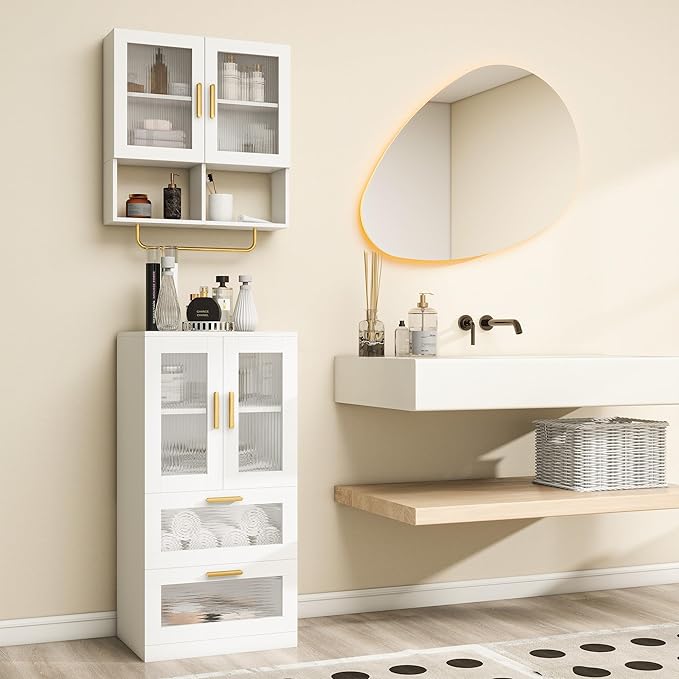 Bathroom Floor Storage Cabinet Freestanding Organizer with Acrylic Doors for Bathroom, Home Office, Bedside, Sofa Side Table