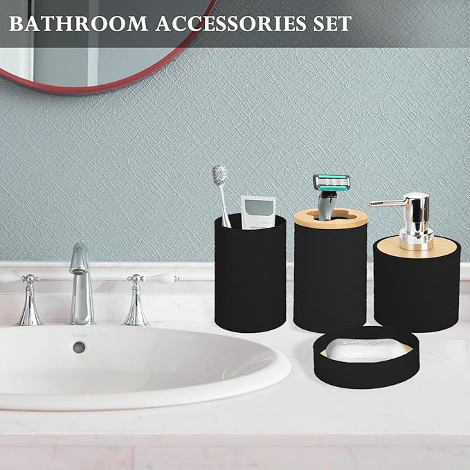 Bamboo Bathroom Accessories Set 4 Pcs, Black Bathroom Accessory Set with Soap Dispenser and Toothbrush Holder, Soap Dish and Mouthwash Cup, Boho Bathroom Decor