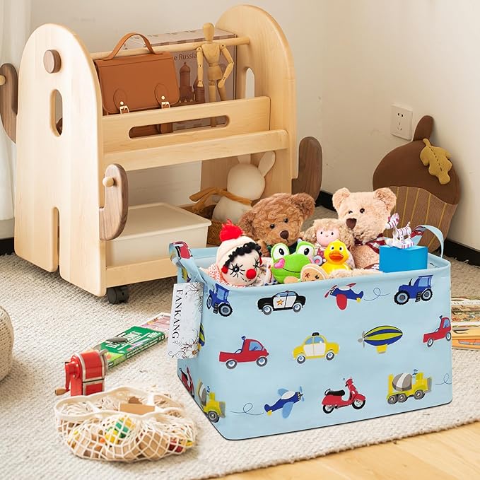 Storage Basket,Nursery Hamper Canvas Laundry Basket Foldable with Waterproof PE Coating Storage, Office, Bedroom, Clothes,Toys (Rec-Car)