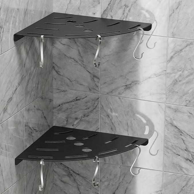 2 Pack Corner Shower Shelves, 304 Stainless Steel Corner Shelf Bathroom with 6 Hooks 40 lbs Heavy Duty, Durable for Inside Shower Brushed Nickel Drilling Installation(Black)