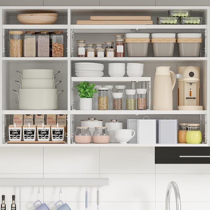Stackable Expandable Metal Shelf Organizer, Adjustable Storage Rack, Heavy Duty Space Saver for Kitchen, Pantry, Bathroom, Countertop & Office(3Pack/Meidum/White)