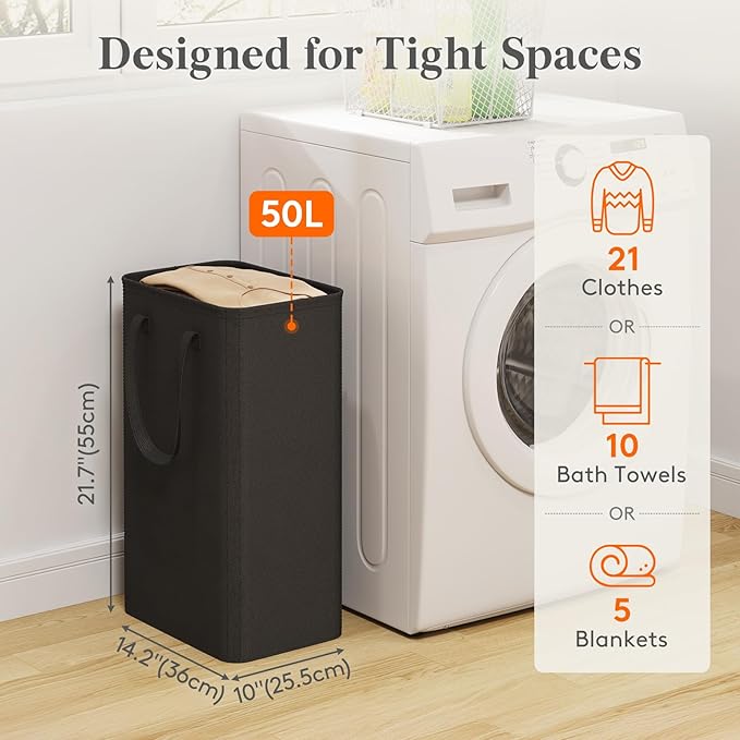 Lifewit 50L Slim Laundry Hamper, Narrow Laundry Basket with Easy Carry Handles, Small Tall Collapsible Dirty Clothes Bin in Bathroom, Bedroom, Dorm, College, Black